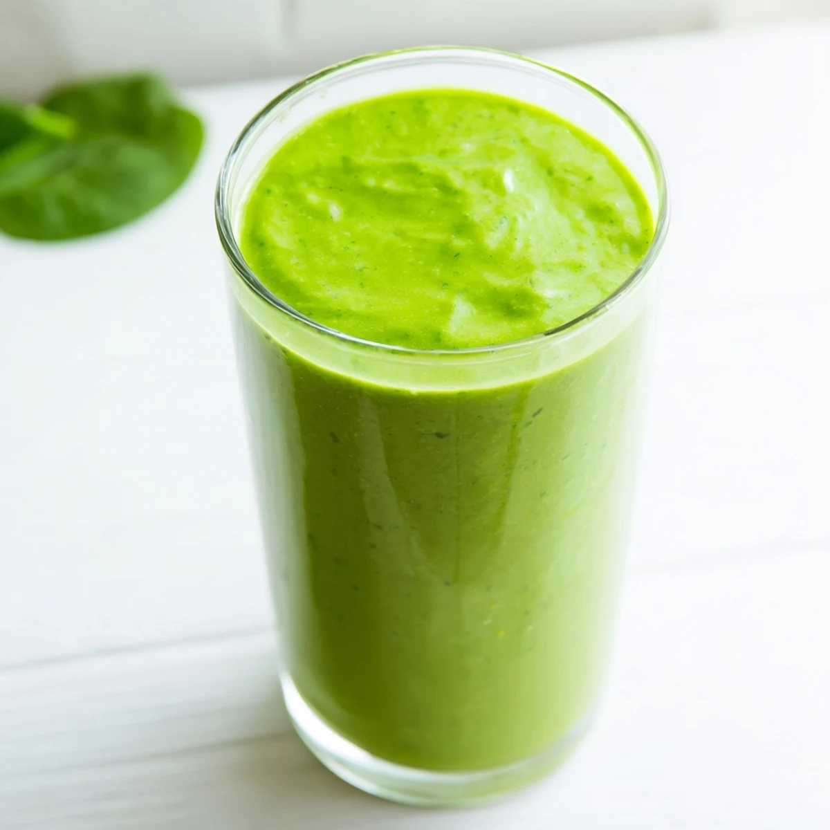 A tall glass of vibrant green Spinach-Hidden Smoothie, garnished with mango chunks and a reusable straw.  
