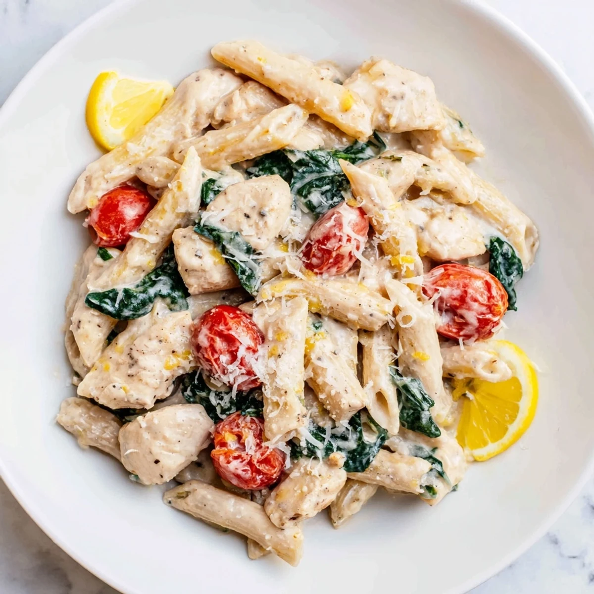 Creamy Greek Yogurt Chicken Pasta features tender chicken and spinach in a luscious, protein-rich sauce served over whole wheat penne.  