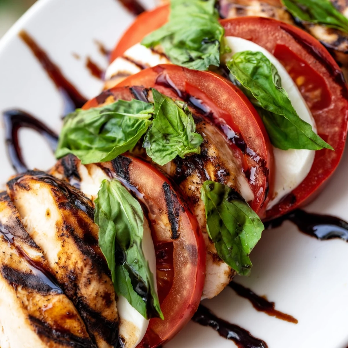Close-up of Chicken Caprese Salad with juicy grilled chicken slices, vibrant red tomatoes, fresh mozzarella, and basil leaves on a platter, drizzled with glossy balsamic glaze.