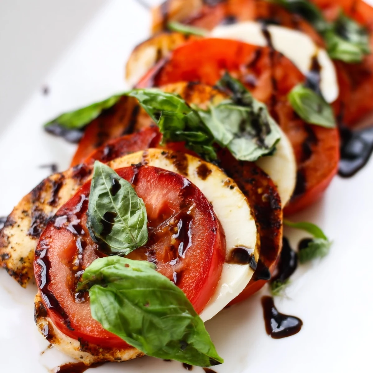 Overhead view of Chicken Caprese Salad featuring tender grilled chicken layered over ripe tomato and creamy mozzarella, garnished with basil and a light balsamic dressing.