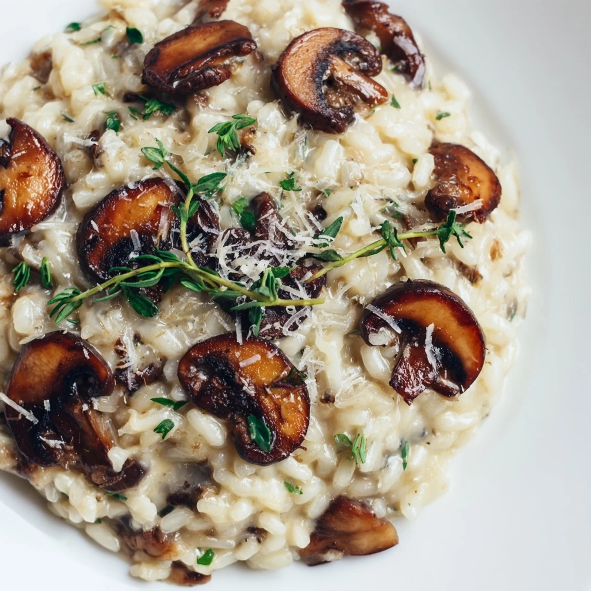 Golden roasted mushrooms nestled in a creamy, parmesan-topped risotto, served warm in a white bowl.  