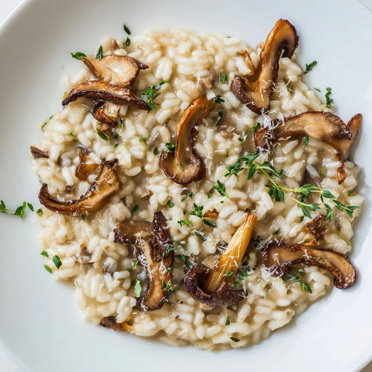 Close-up of savory roasted mushroom risotto with fresh thyme, ready to serve for a cozy dinner.  