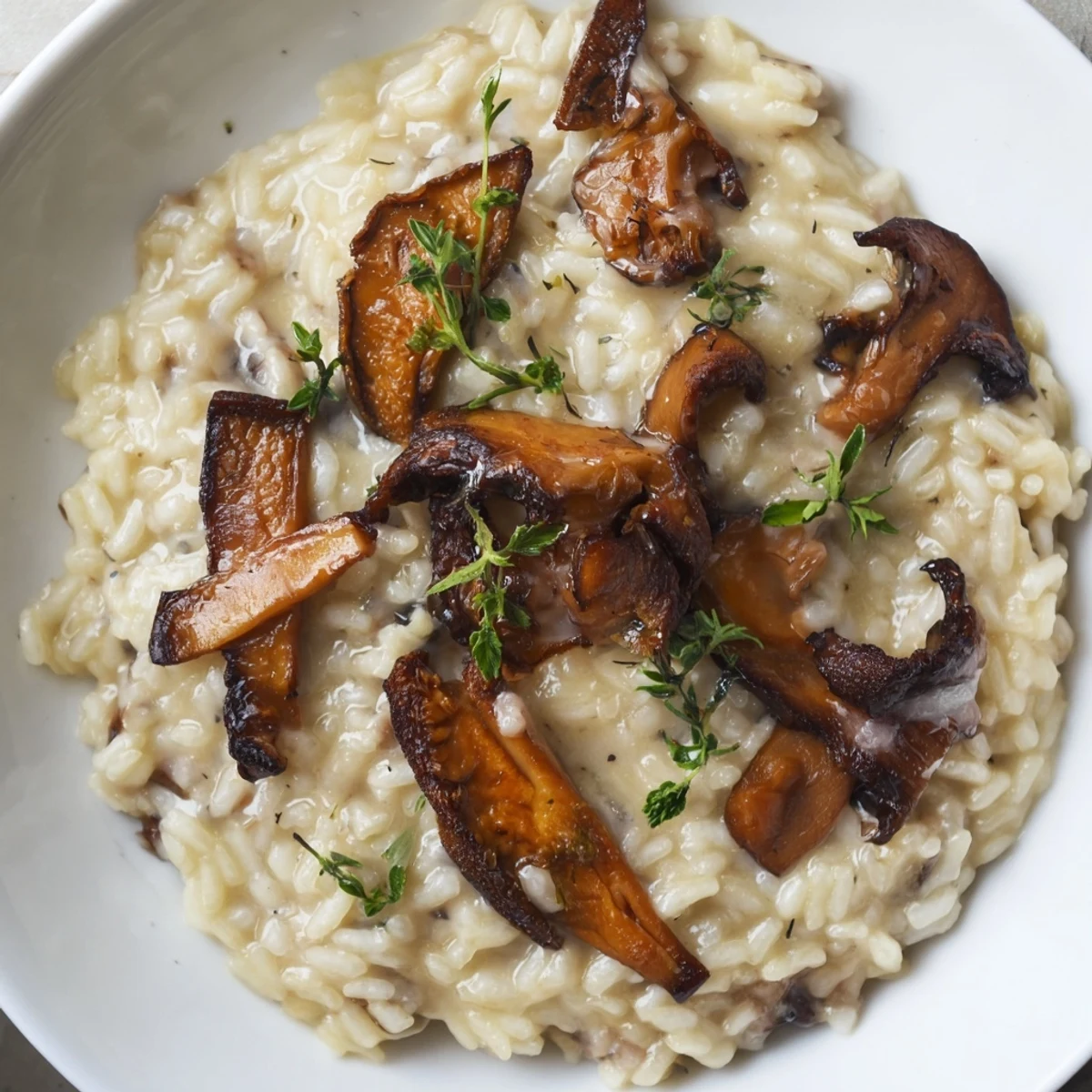 Steaming arborio rice risotto with caramelized mushrooms and parsley garnish on a rustic wooden table.
