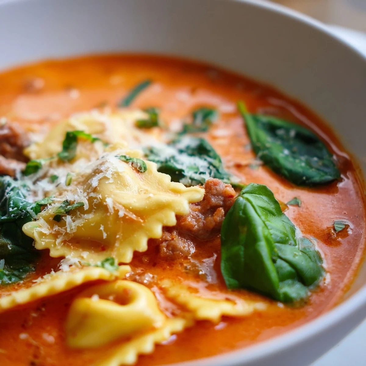 Close-up of Tuscan Tortellini Soup showing creamy tomato broth, Italian sausage crumbles, and vibrant green spinach leaves.
