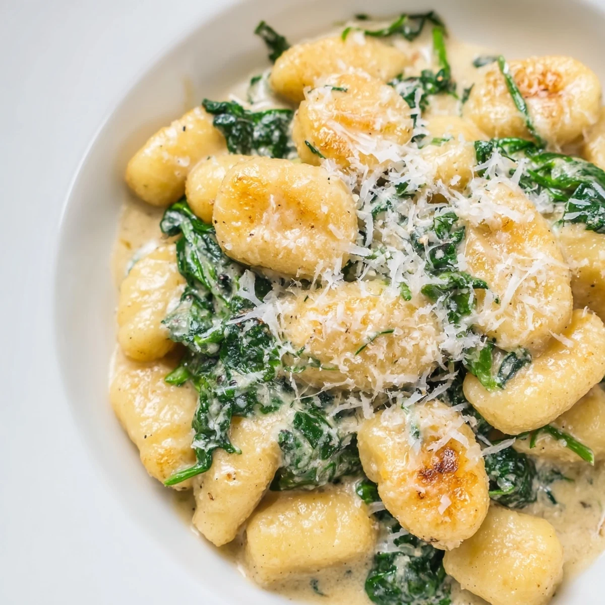 Steam rises from tender potato gnocchi coated in velvety garlic cream, fresh spinach, and a snowy sprinkle of Parmesan cheese.  