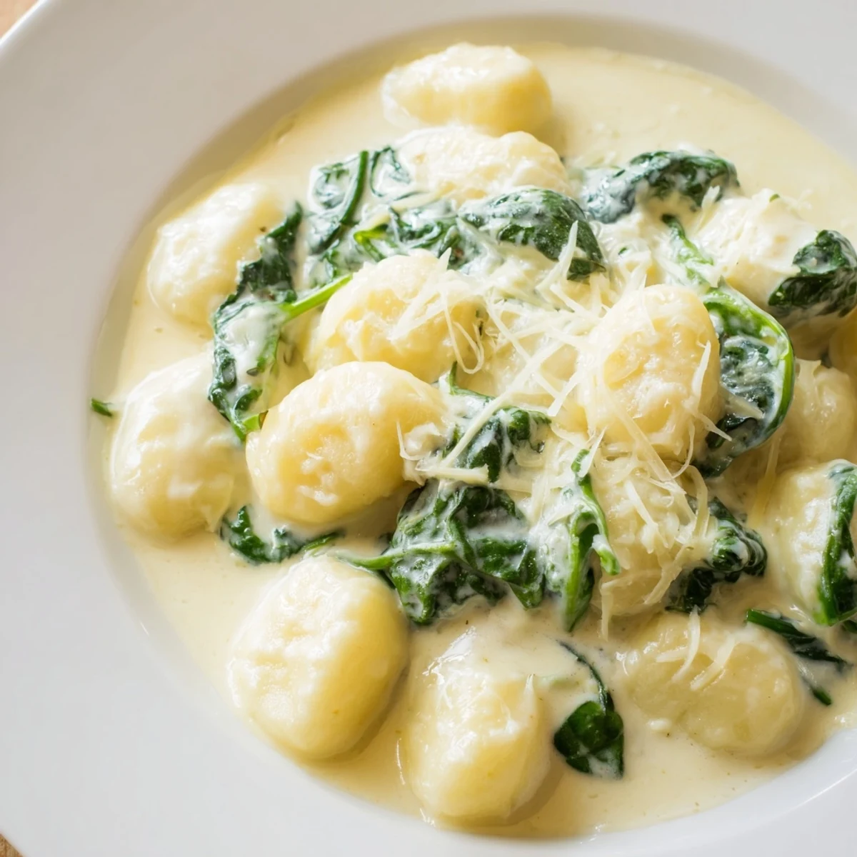 Garlicky Creamy Garlic Gnocchi glistens in a bowl, paired with sparkling wine and bright fresh spinach for a comforting vegetarian dinner.