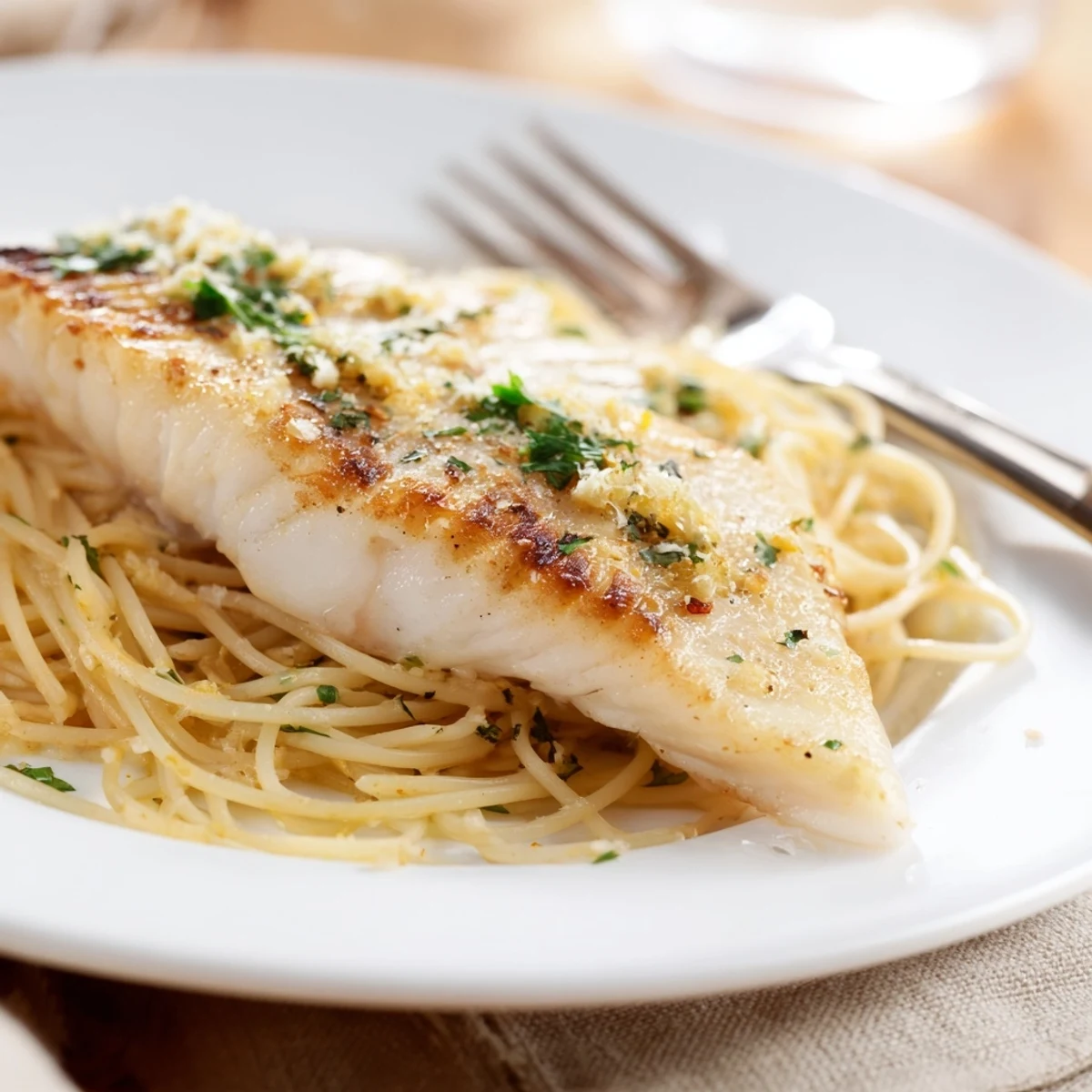 Grilled sea bass fillet resting atop spaghetti coated in a zesty lemon-butter sauce, garnished with fresh parsley.