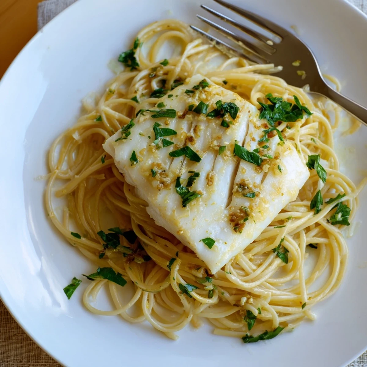 Bright, fresh Lemon Bass Pasta featuring flaky grilled fish and herbs, plated for a delicious main course serving.