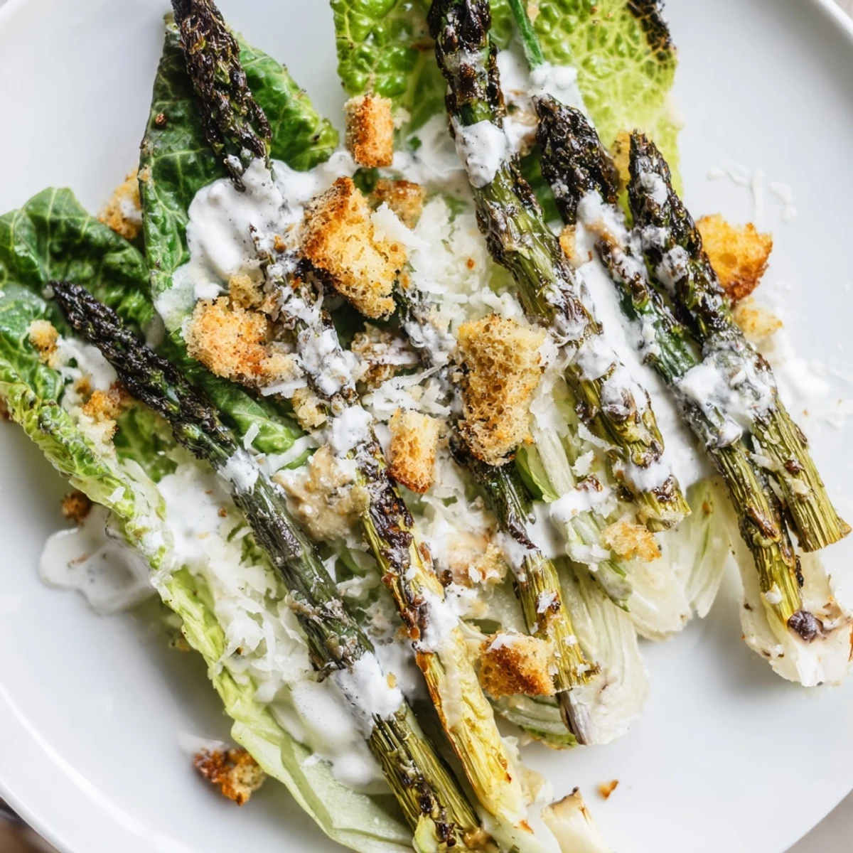 Vibrant green roasted asparagus Caesar salad topped with crunchy croutons, ready to serve.