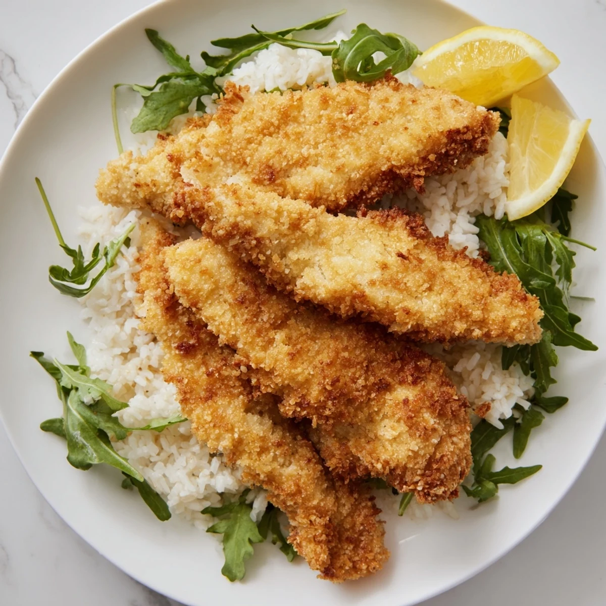 Crispy Parmesan Chicken Cutlet Bowl with golden breaded cutlets on fluffy rice and fresh arugula.  