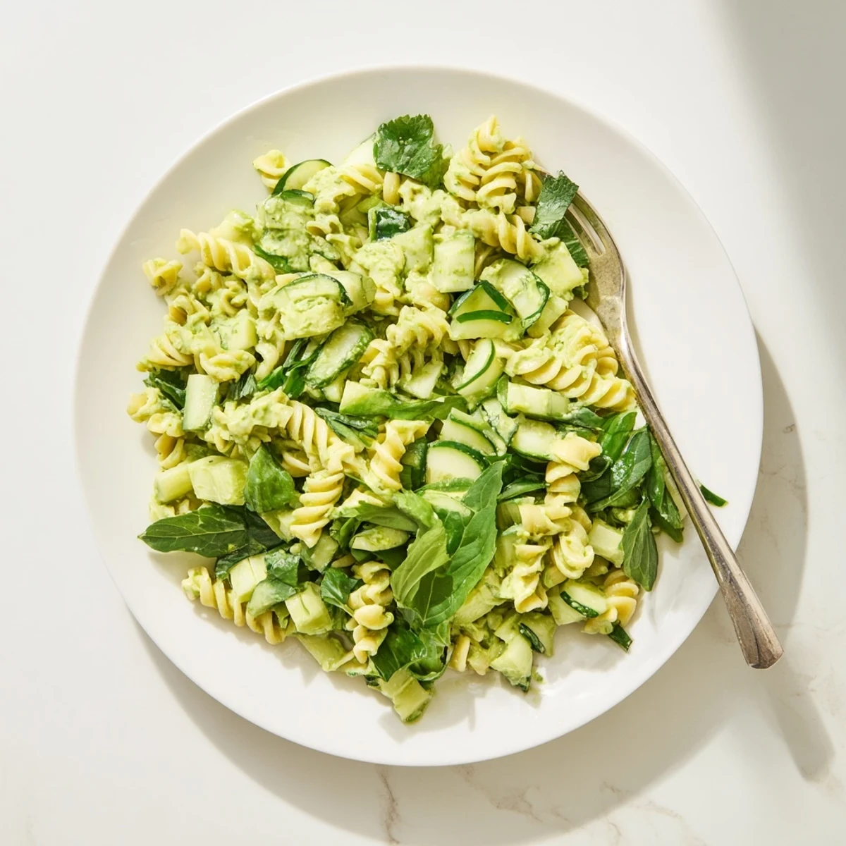 Fresh Green Goddess Pasta Salad with creamy avocado dressing, crisp cucumber, and fragrant herbs served in a white bowl.