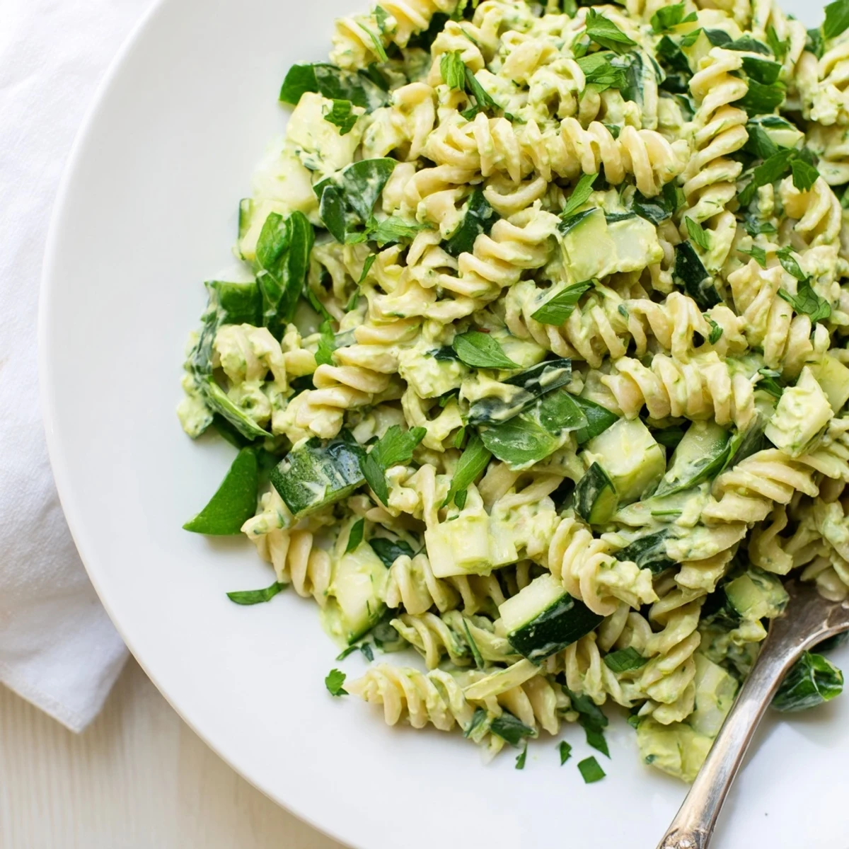 Green Goddess Pasta Salad tossed with tender fusilli, vibrant spinach, and a zesty lemon-yogurt dressing for a light lunch.