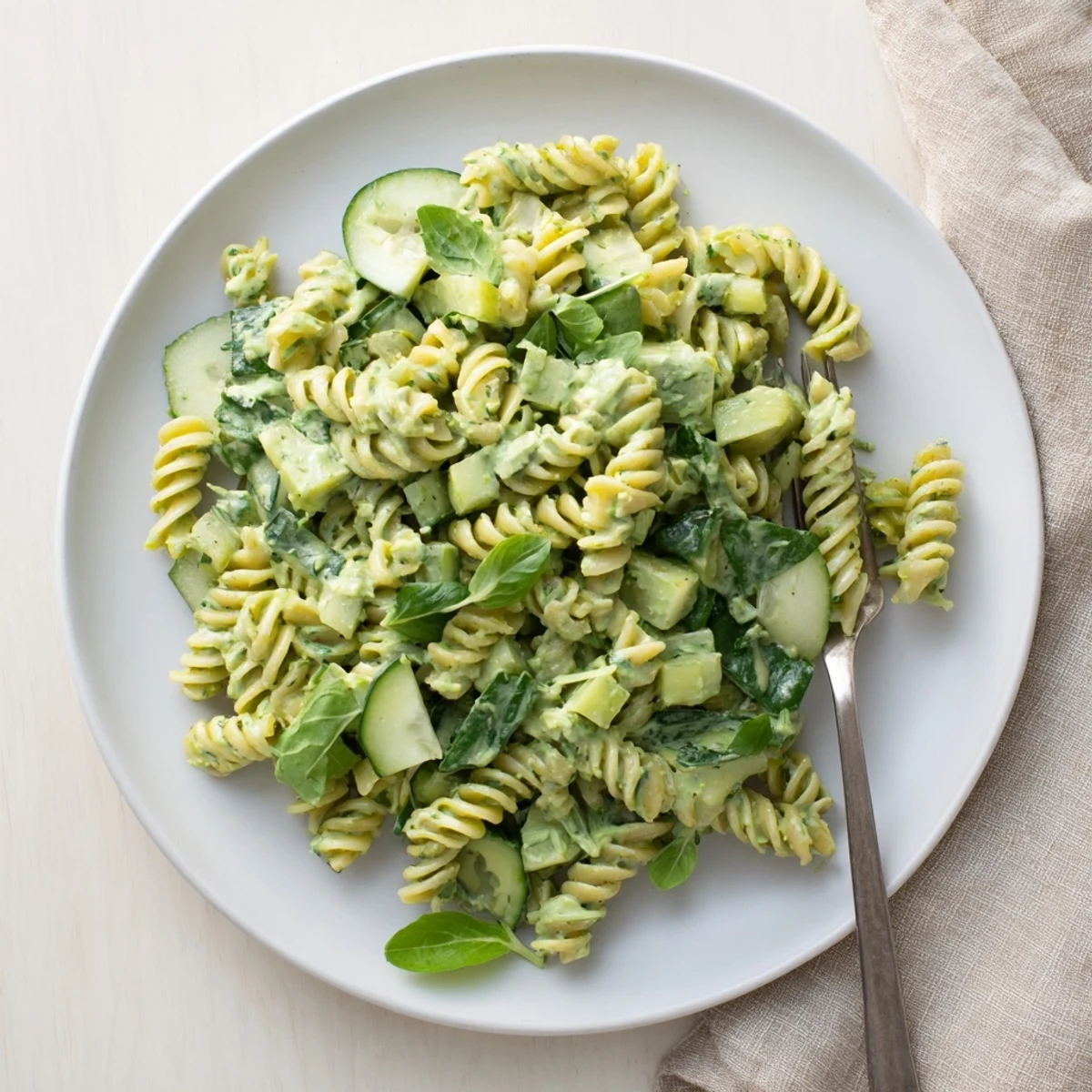 Vibrant Green Goddess Pasta Salad garnished with chopped chives and basil, perfect for picnics and potlucks.