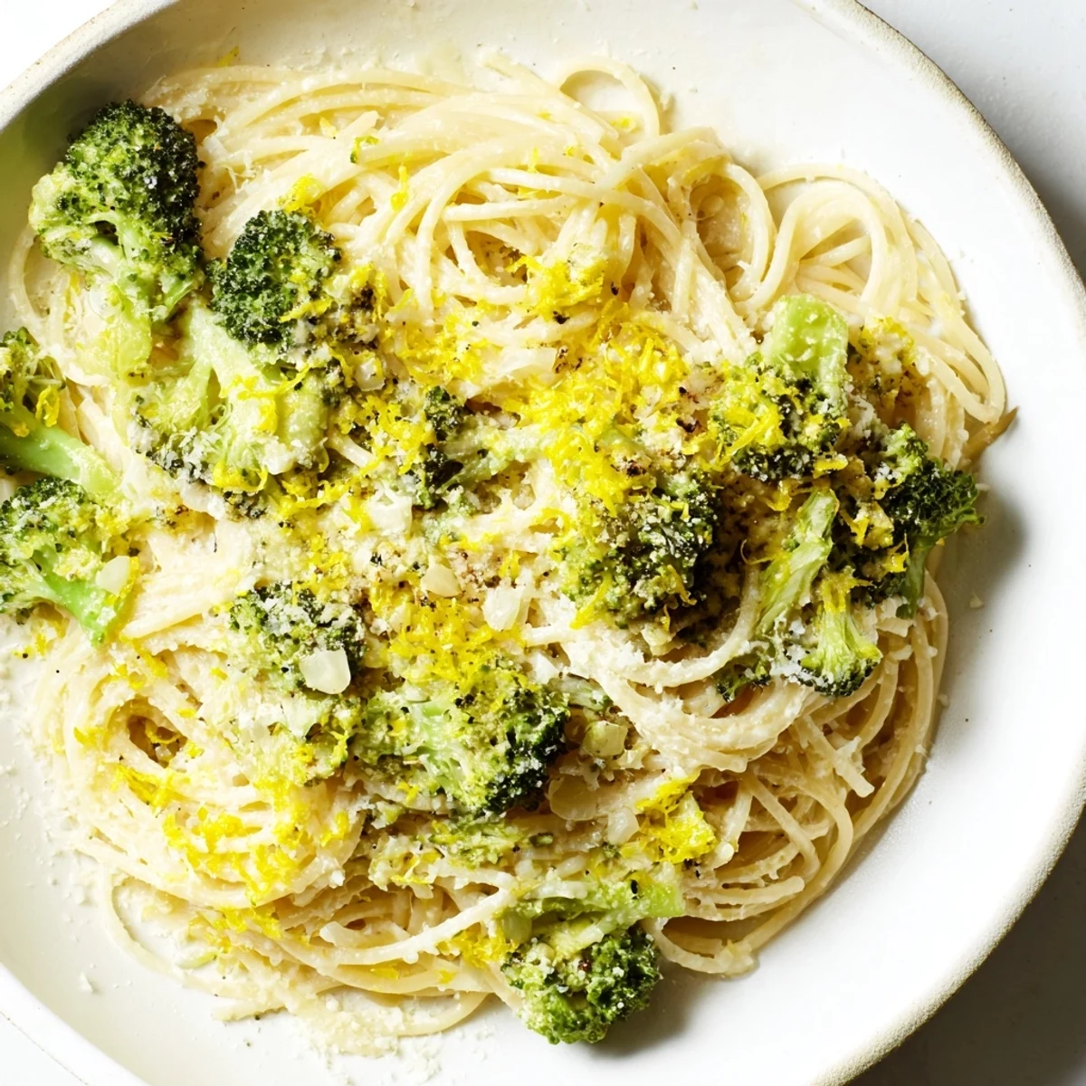 Steaming One-Pot Lemon Broccoli Pasta served in a white bowl with grated Parmesan and a lemon wedge on the side.