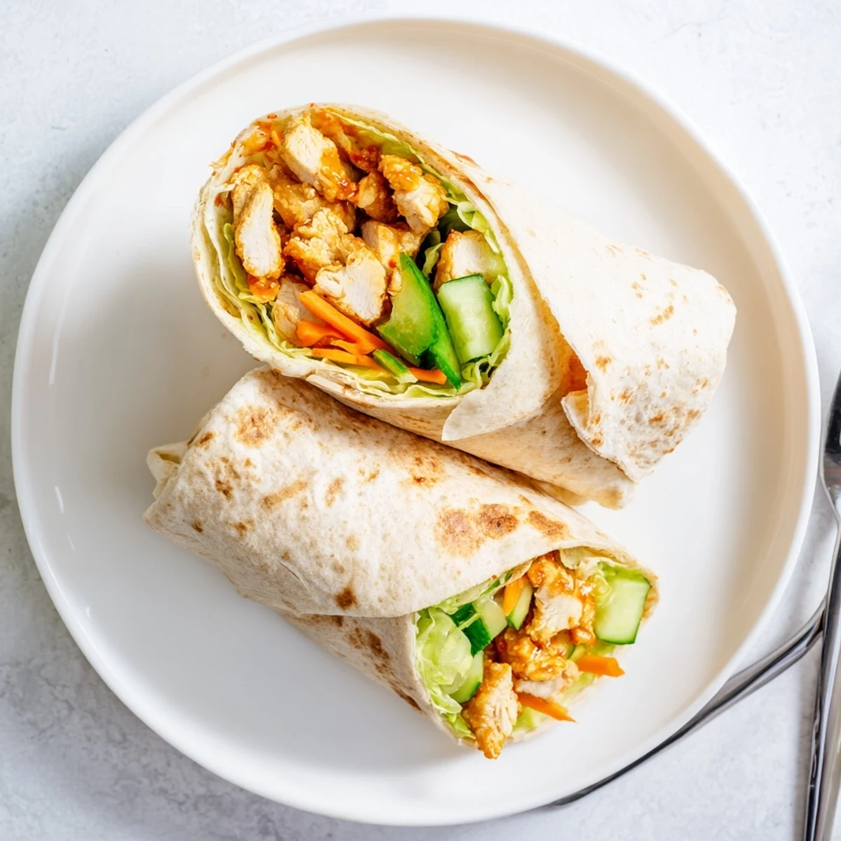 Golden-brown, juicy chicken coated in a glossy honey chili crisp sauce, nestled in a soft flour tortilla with crisp romaine, cucumber, and scallions for a vibrant wrap.  