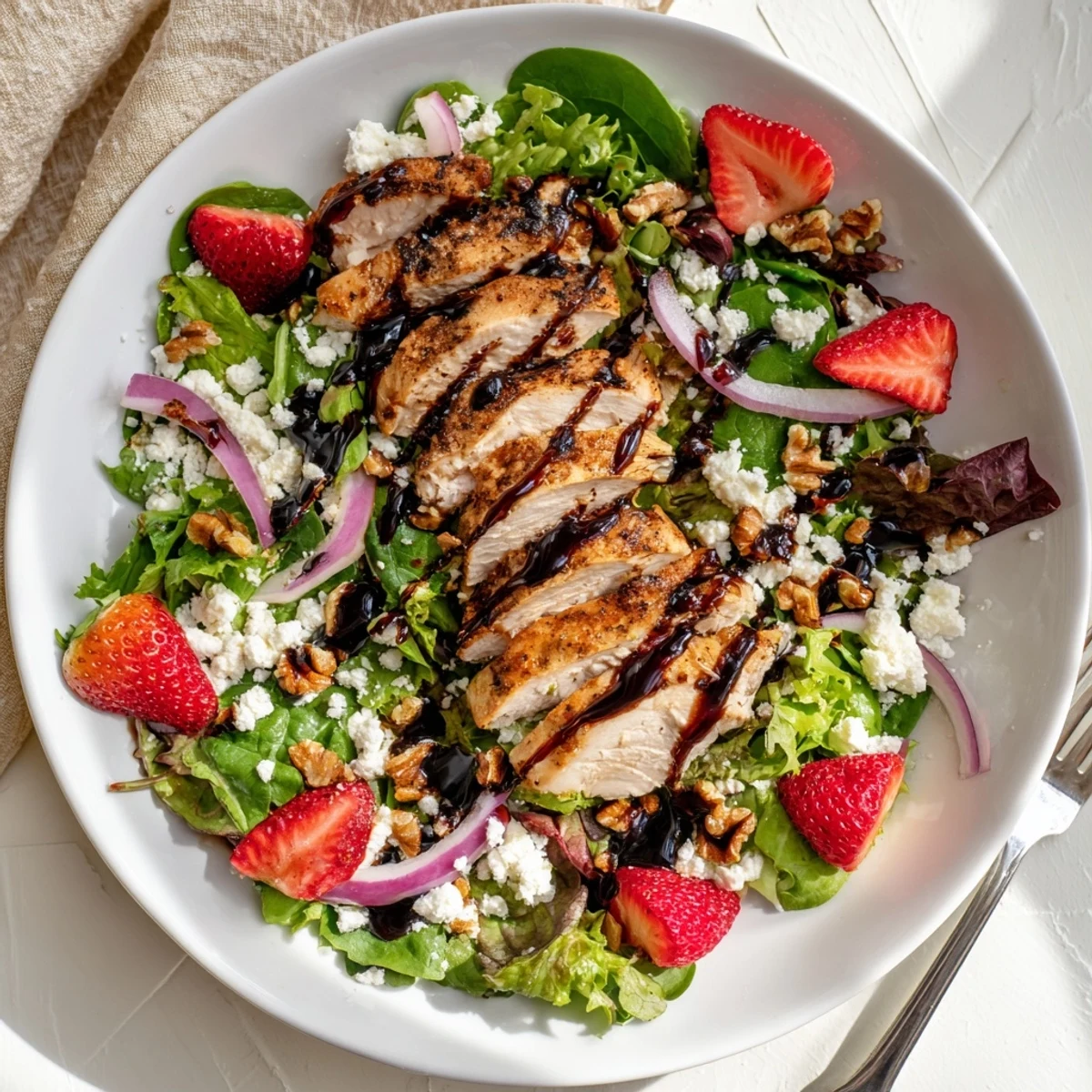 Grilled chicken slices rest on mixed greens topped with fresh strawberry halves and crumbled feta cheese in this strawberry balsamic chicken salad.  