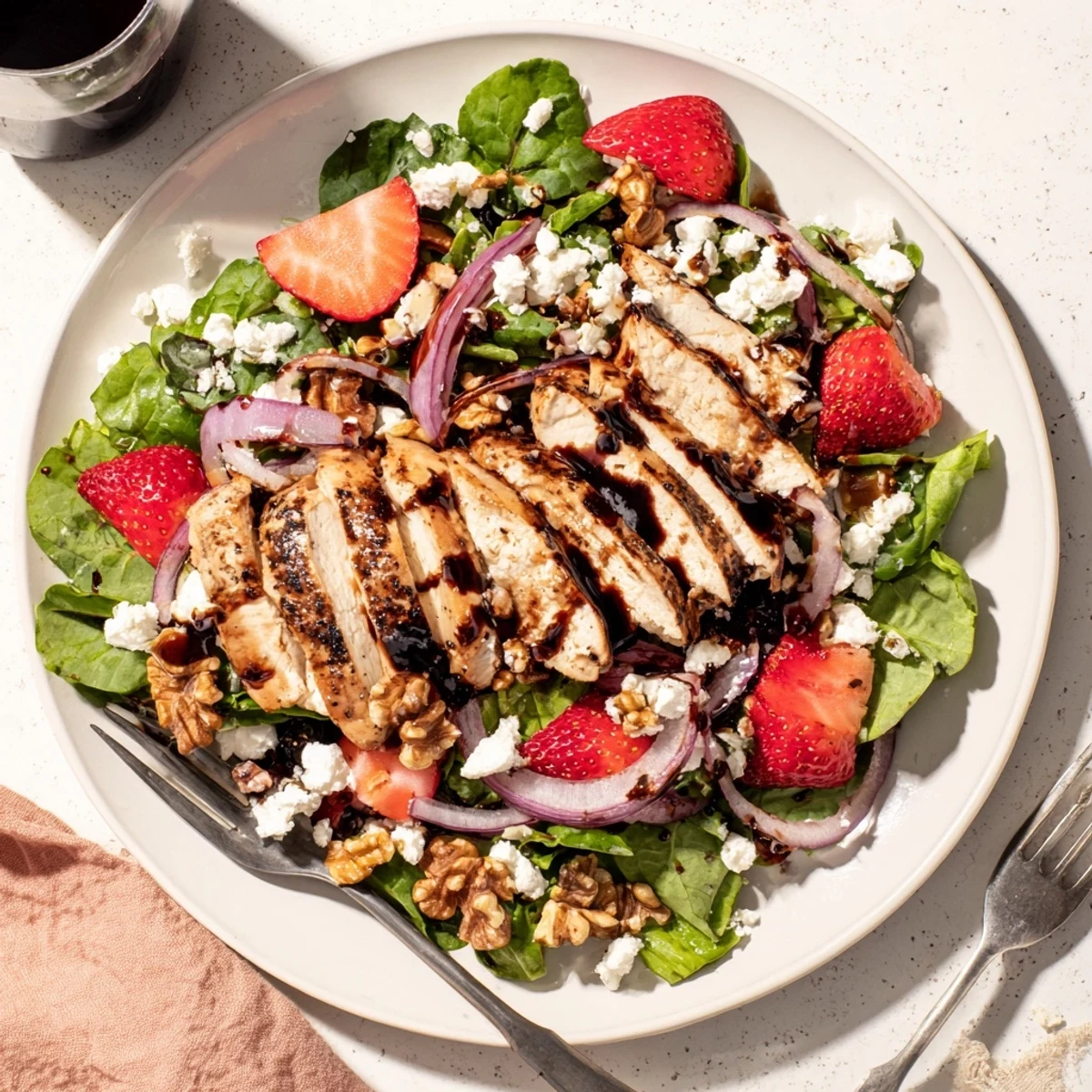 A close-up of vibrant strawberries, toasted pecans, and red onion drizzled with glossy balsamic glaze over a bed of greens.  