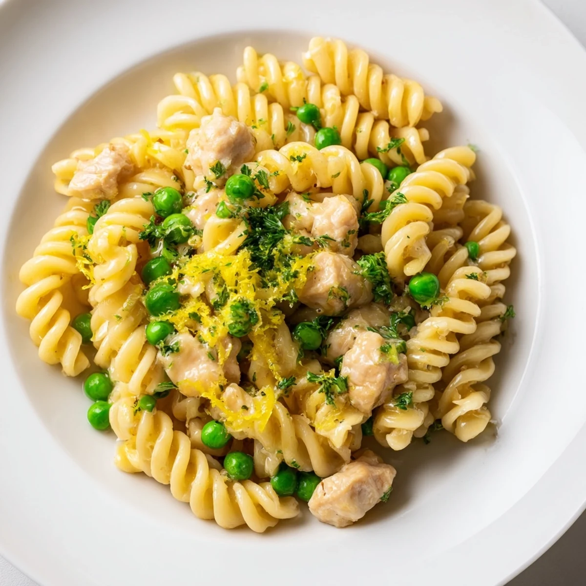 Family-style plate of garlic butter chicken and pea pasta, featuring tender chicken and al dente fusilli tossed with lemon and Parmesan.