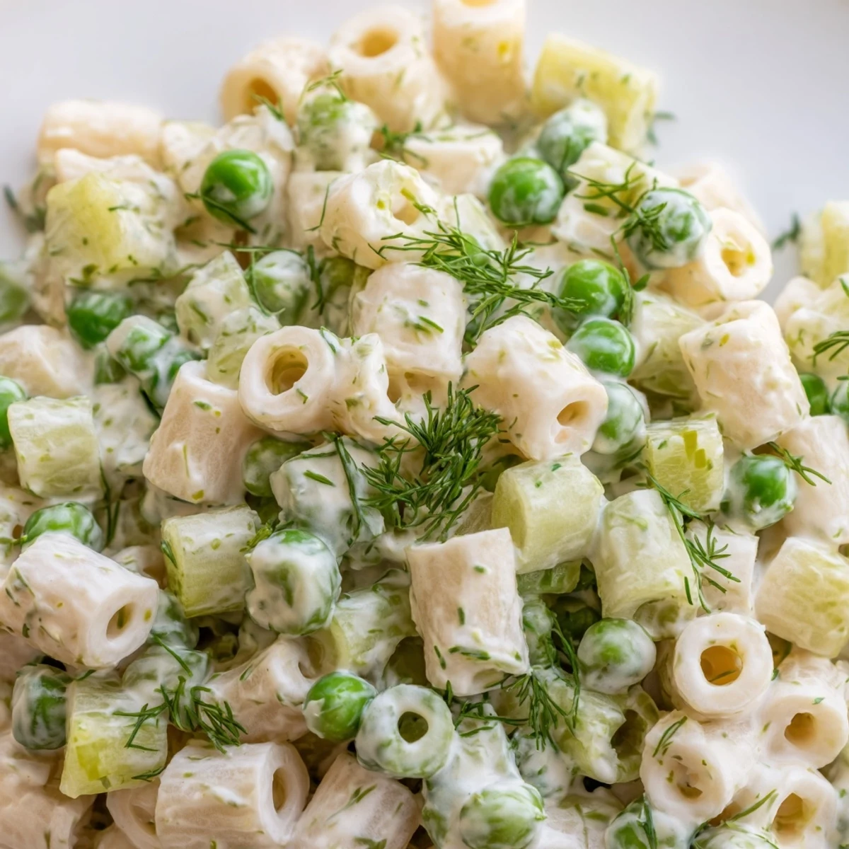 Serving suggestion for Creamy Dill Pickle Pasta Salad: a chilled, creamy bowl of pasta with dill, peas, and pickles, perfect for a summer picnic.  