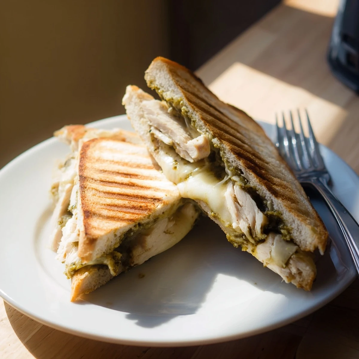 Golden-brown, melty Chicken Pesto Panini on a wooden board, revealing layers of juicy grilled chicken and basil pesto, served with fresh arugula and tomato.