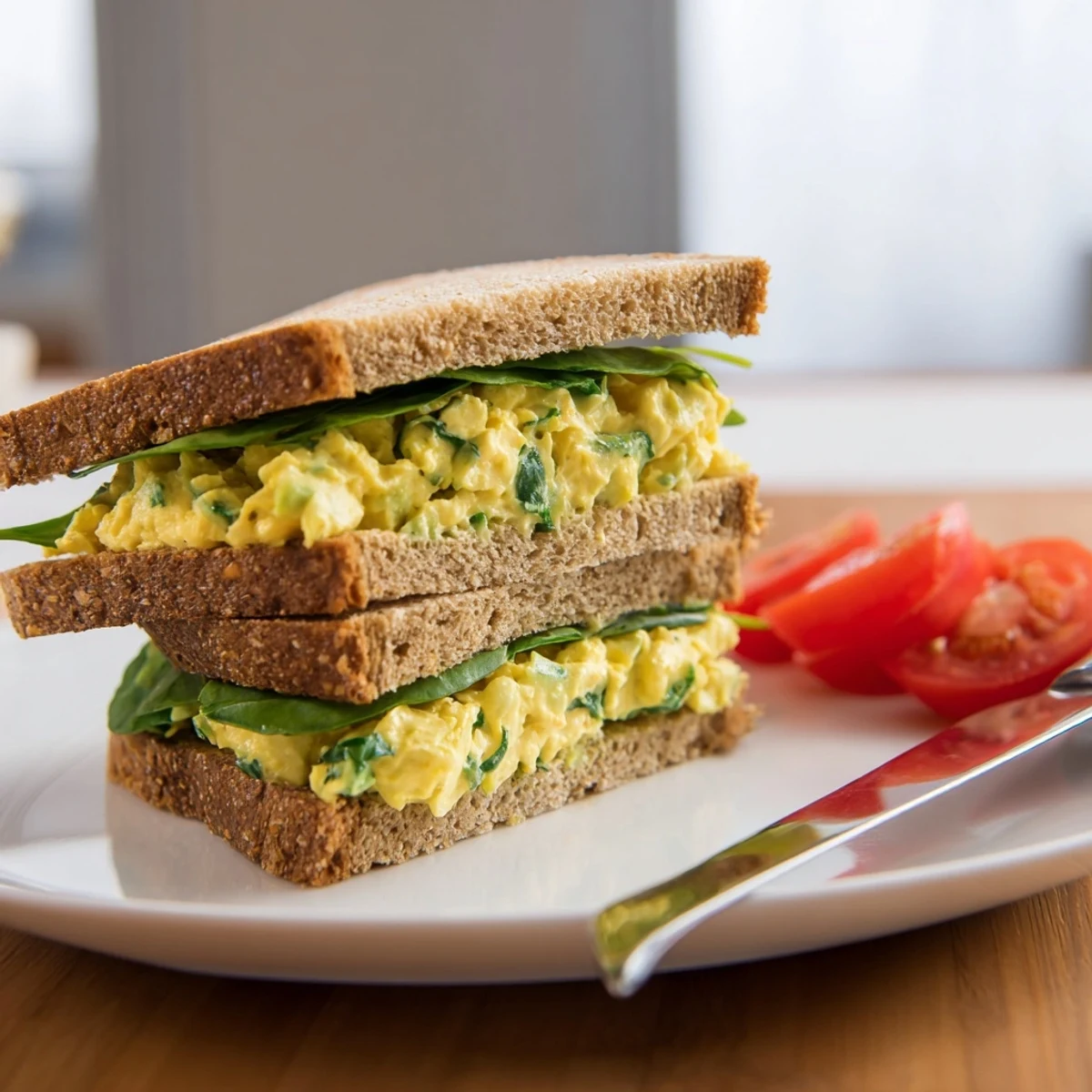 Close-up of a thick Avocado Egg Salad Sandwich on toasted whole grain bread, showing creamy green filling and chopped chives.