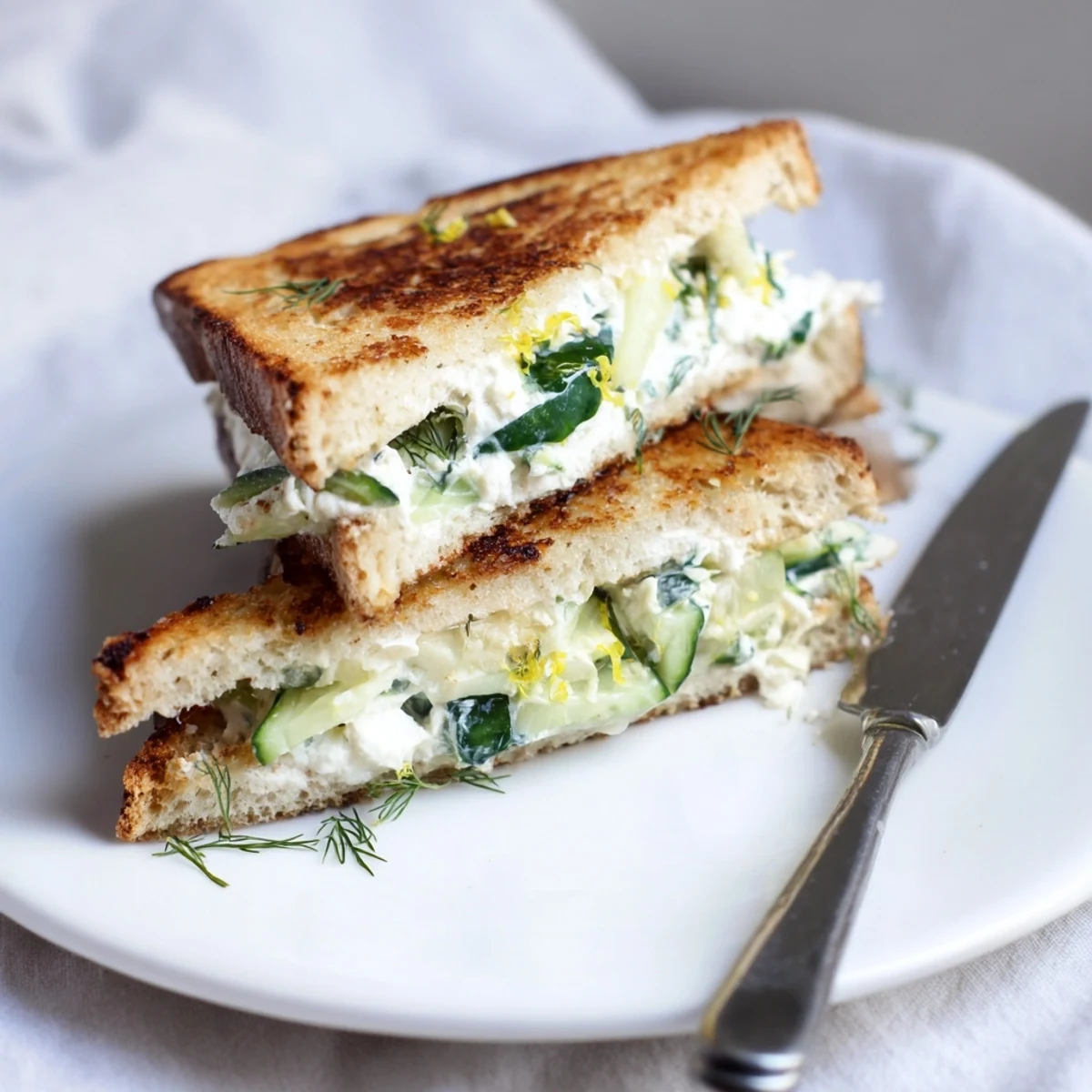 Golden sourdough slices, toasted crisp in butter, cradle the creamy whipped feta spring grilled cheese with fresh dill and lemon zest.
