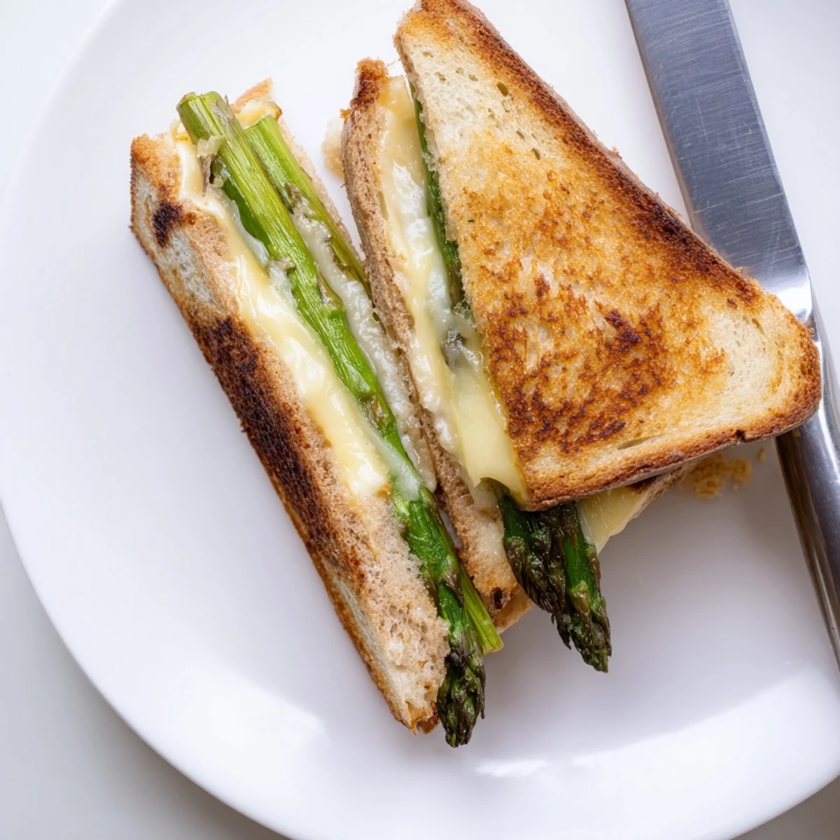 Golden-brown sourdough slices oozing with melted Brie cheese and tender grilled asparagus spears for a gourmet vegetarian sandwich.
