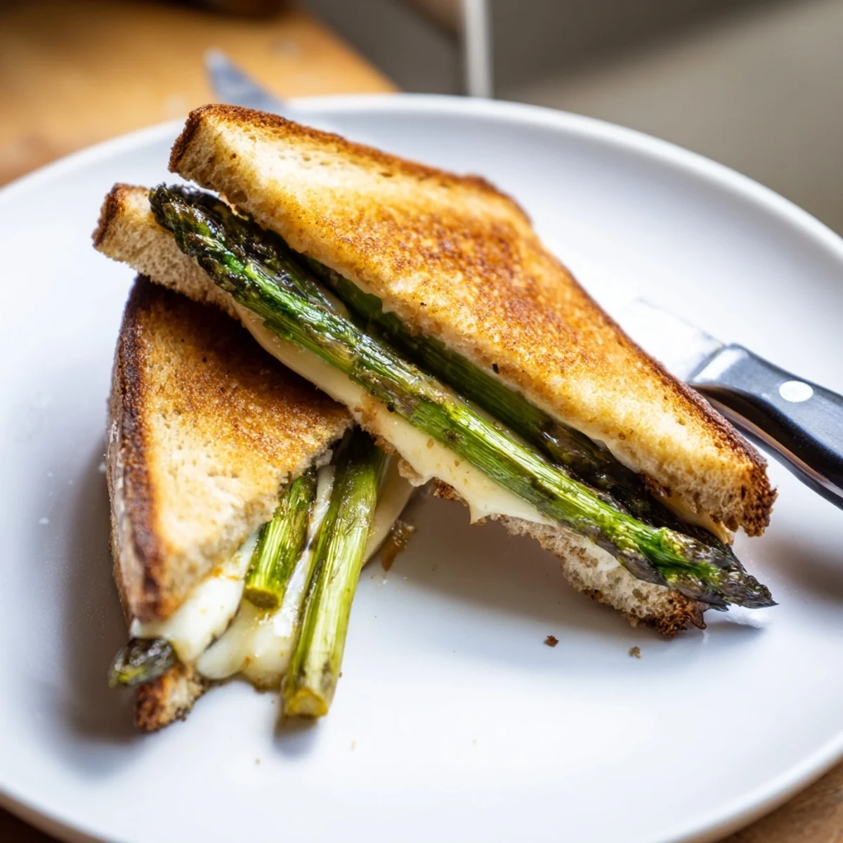 Buttery toasted bread revealing layers of creamy Brie and charred green asparagus in a delicious grilled cheese recipe.