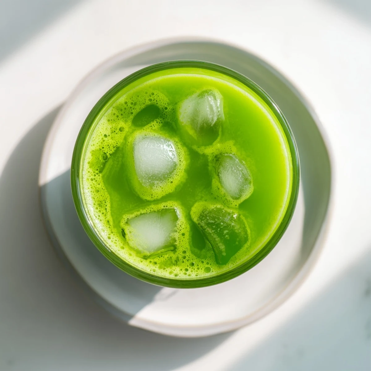 Close-up of Cabbage and Kale Detox Juice in a clear glass with ice cubes, fresh cucumber, and apple slices on a marble countertop.