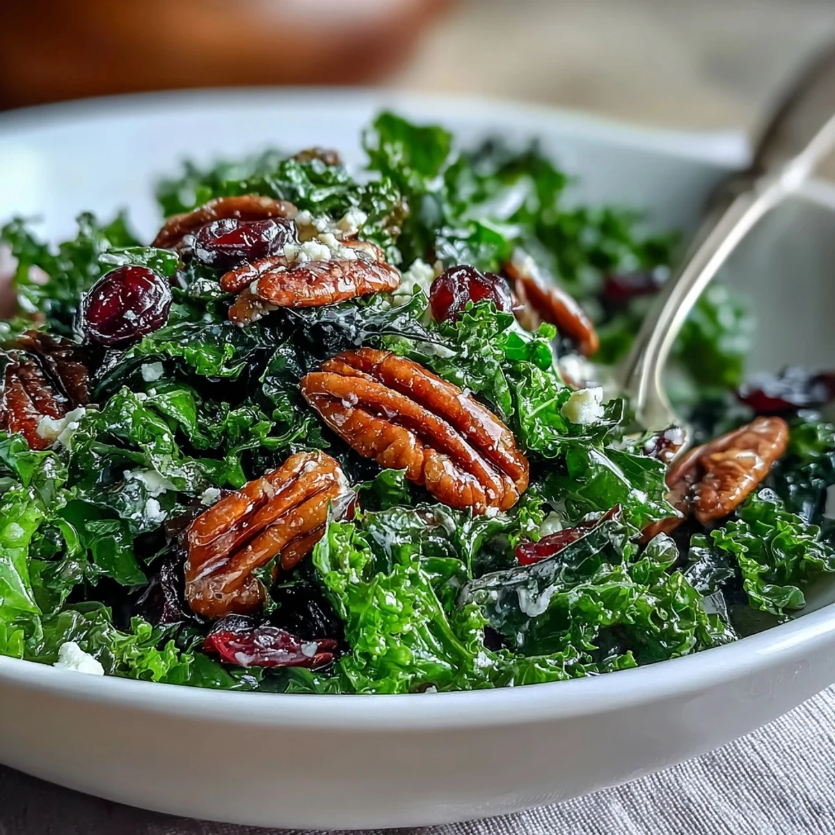 Warm kale salad with maple mustard dressing beckons with toasted nuts.