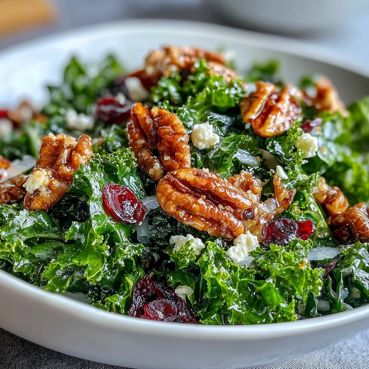 Bright, tender kale salad with maple mustard dressing, cranberries, and nuts.