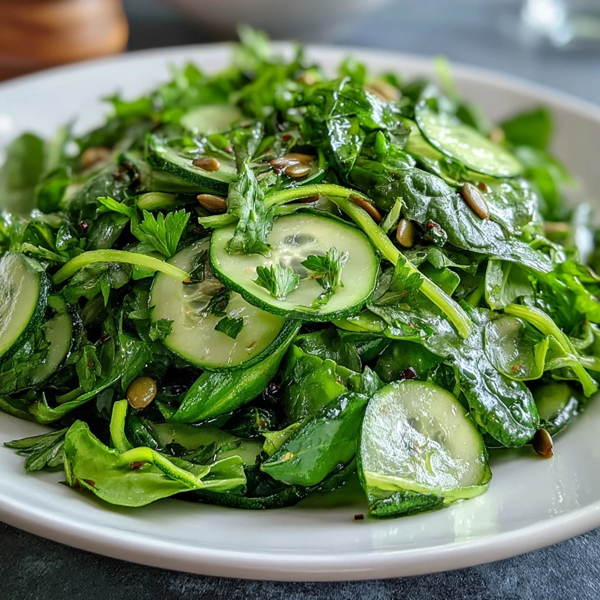 Vibrant Glowing Green Salad with zesty lemon vinaigrette, fresh crisp vegetables.