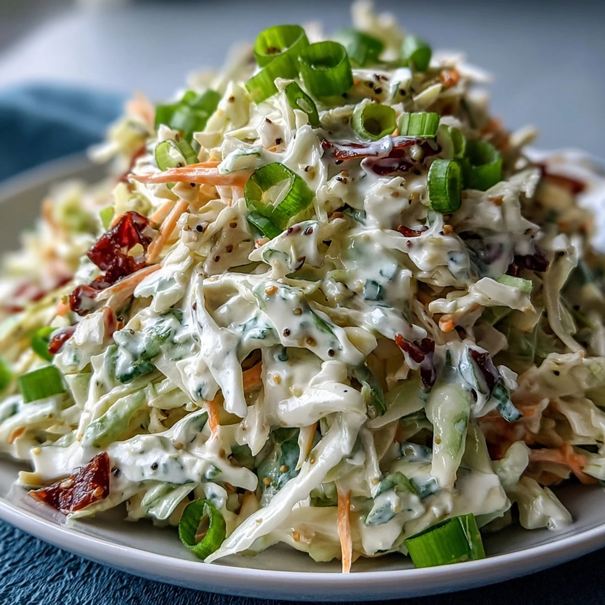 A large serving bowl of Best Cabbage Coleslaw, featuring crisp green and red cabbage ribbons mixed with grated carrots and fresh green onions.  
