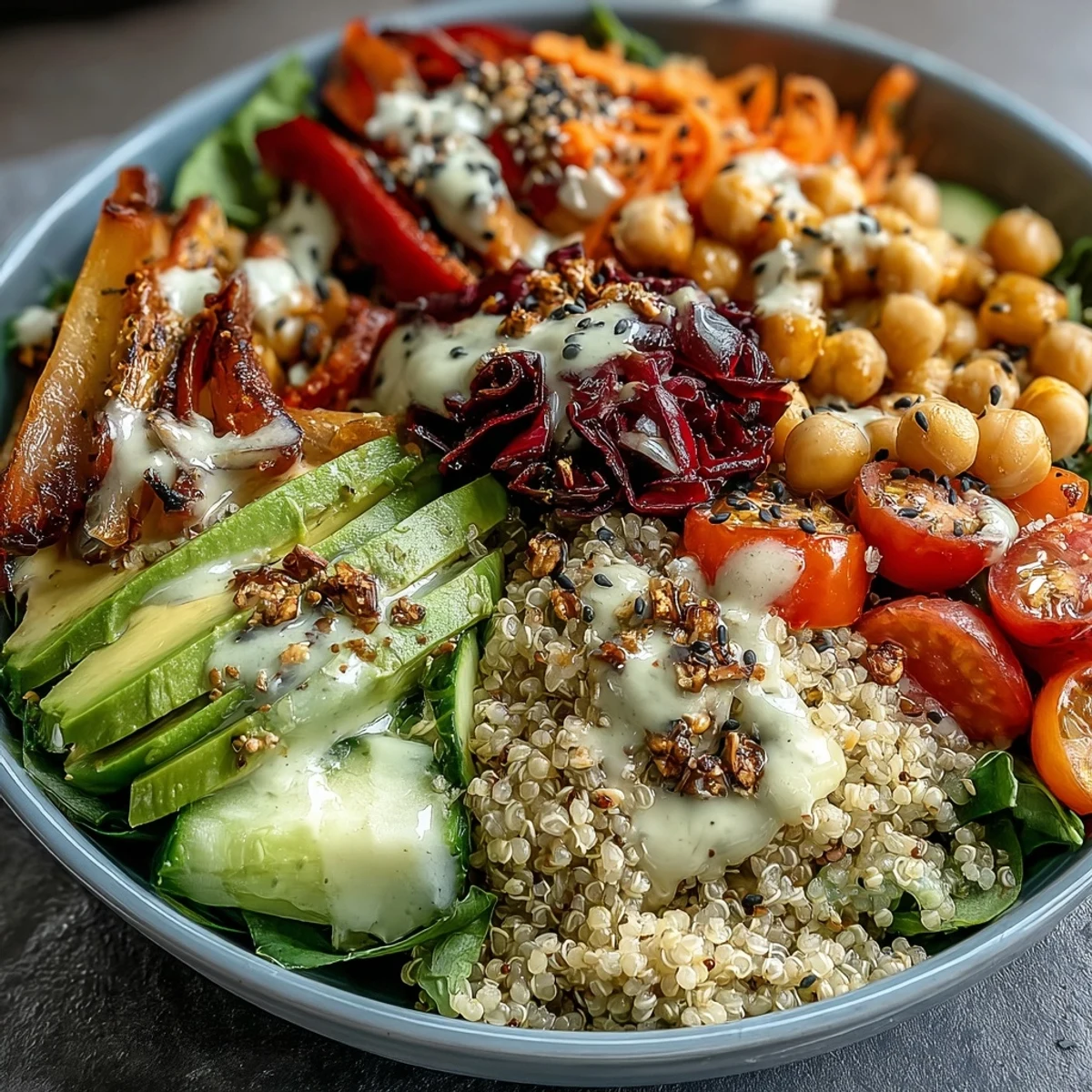 A vibrant Rainbow Buddha Bowl With Quinoa topped with crisp red cabbage, carrots, and creamy avocado slices.