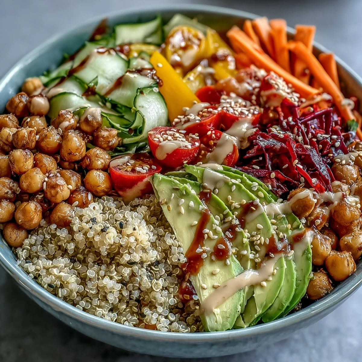 Colorful Rainbow Buddha Bowl With Quinoa filled with chickpeas, cherry tomatoes, and a drizzle of tahini dressing.