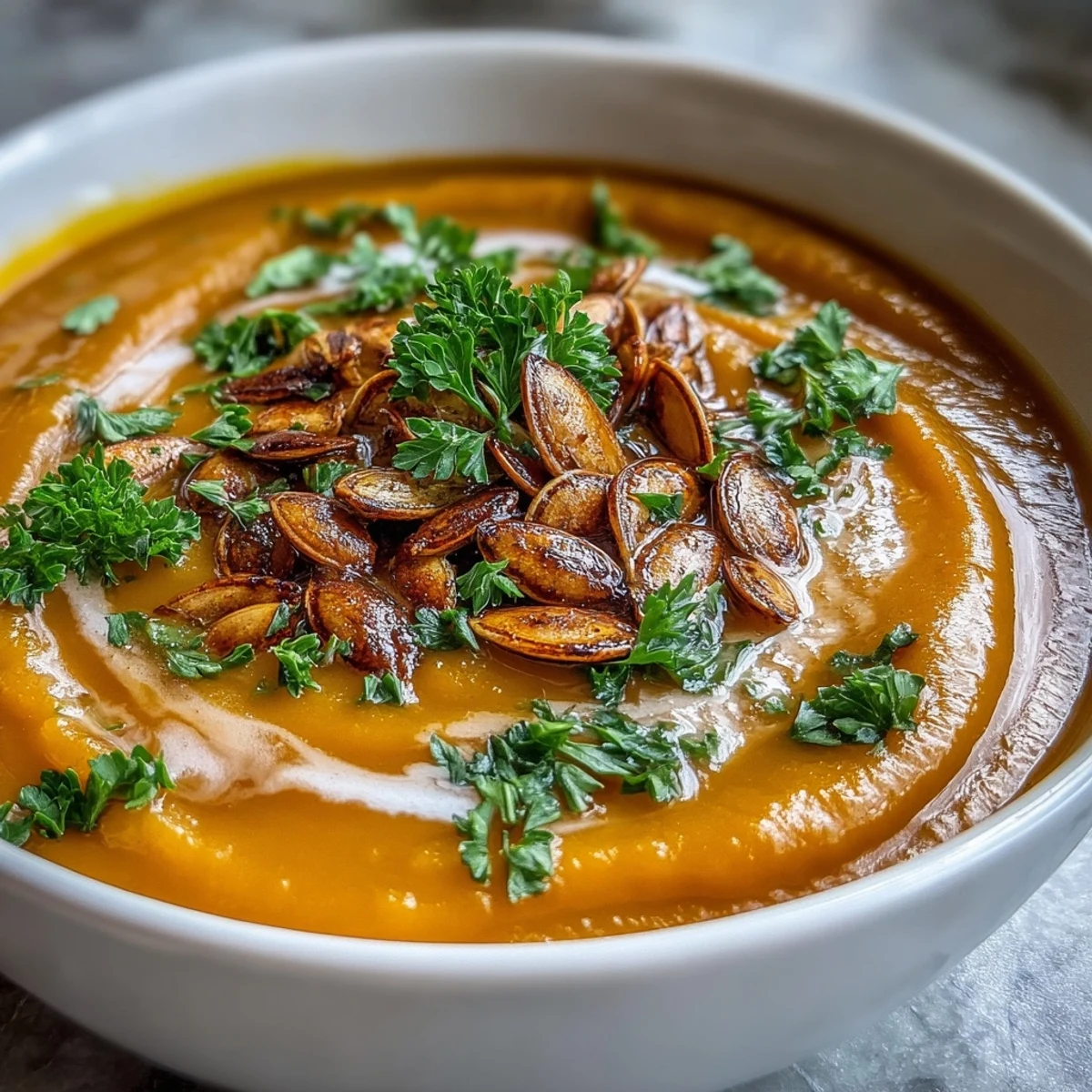 Creamy roasted butternut squash soup topped with fresh herbs and seeds.