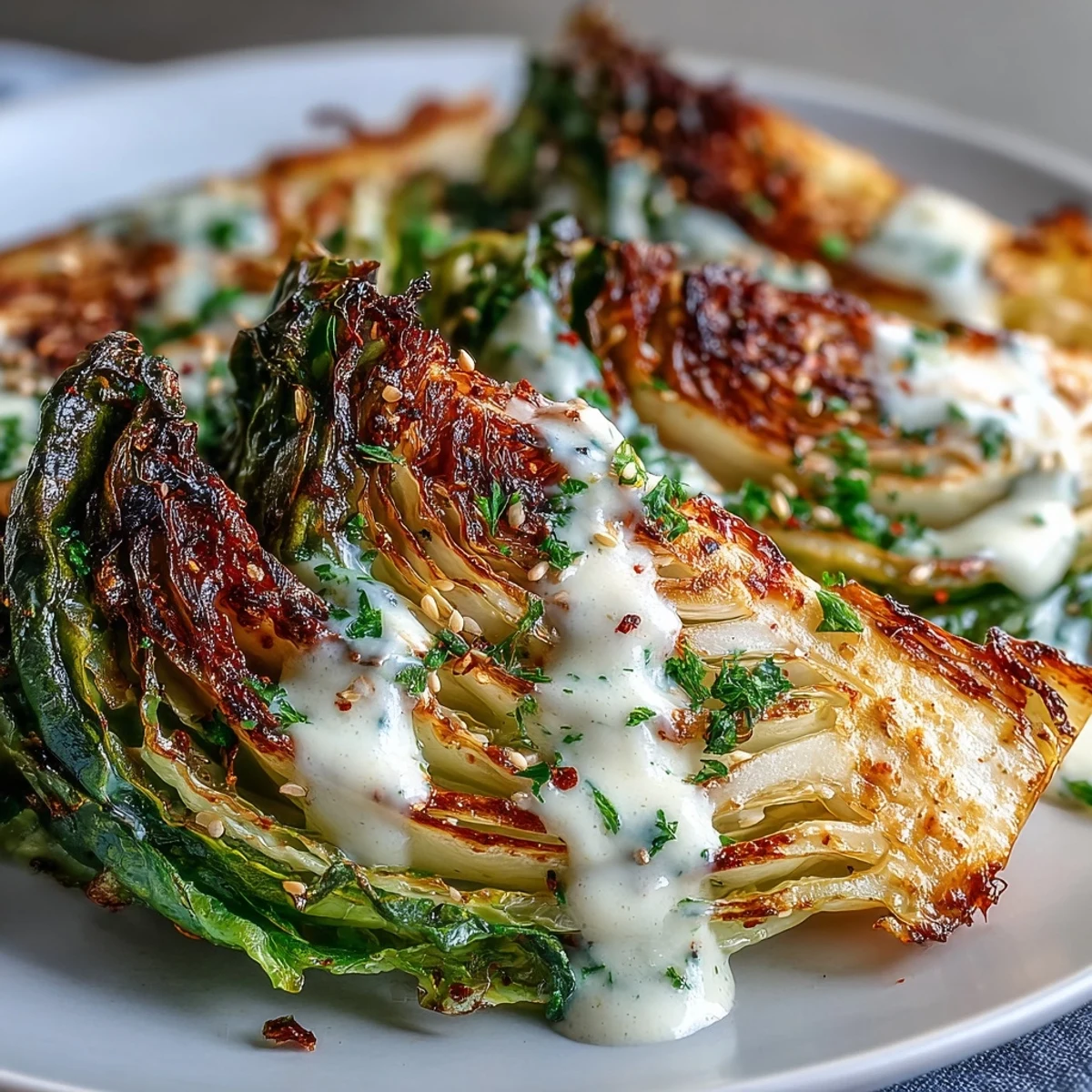 Tender roasted cabbage wedges elegantly drizzled with creamy tahini sauce, a delicious vegan side.