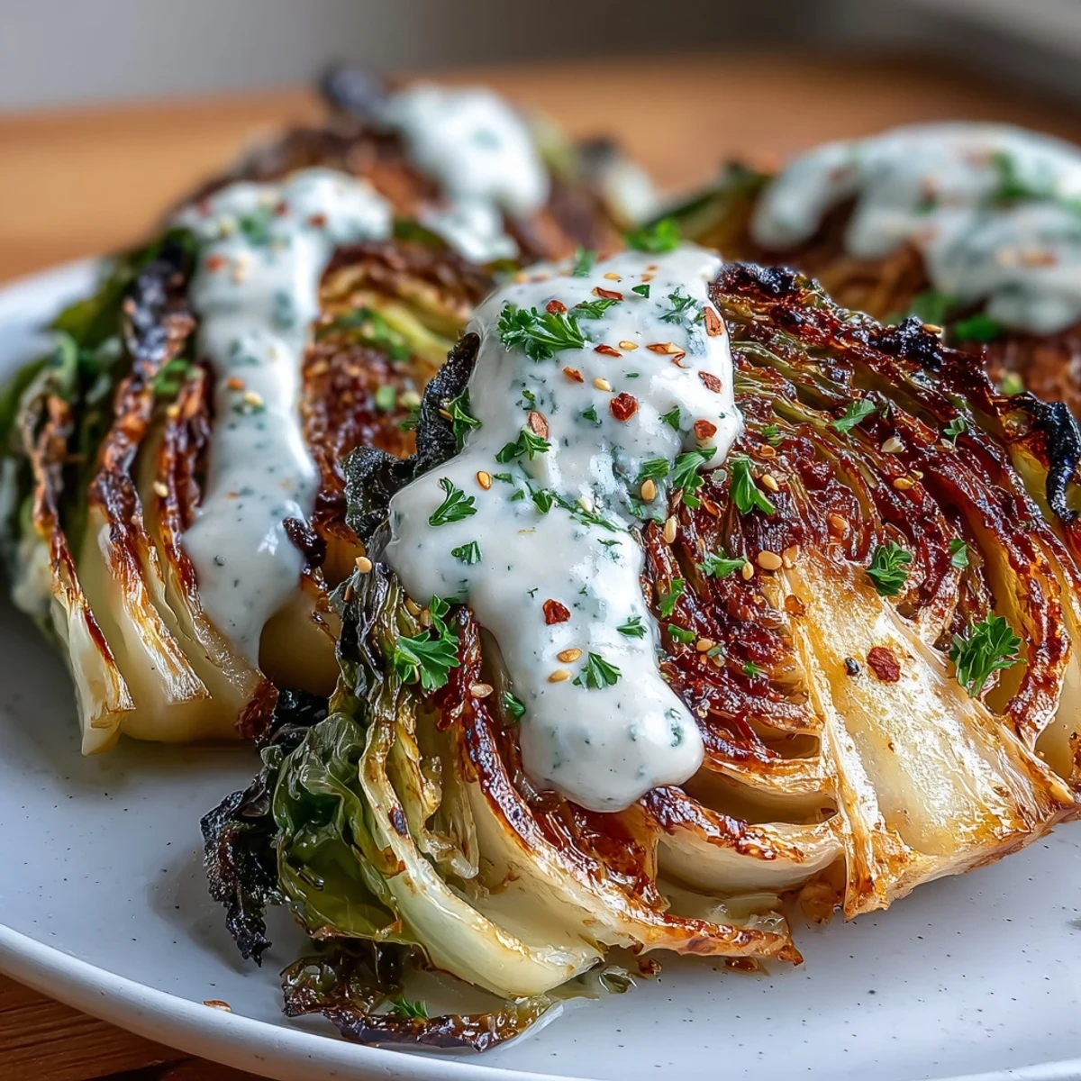 Golden roasted cabbage wedges topped with nutty tahini sauce, perfect for a healthy meal.