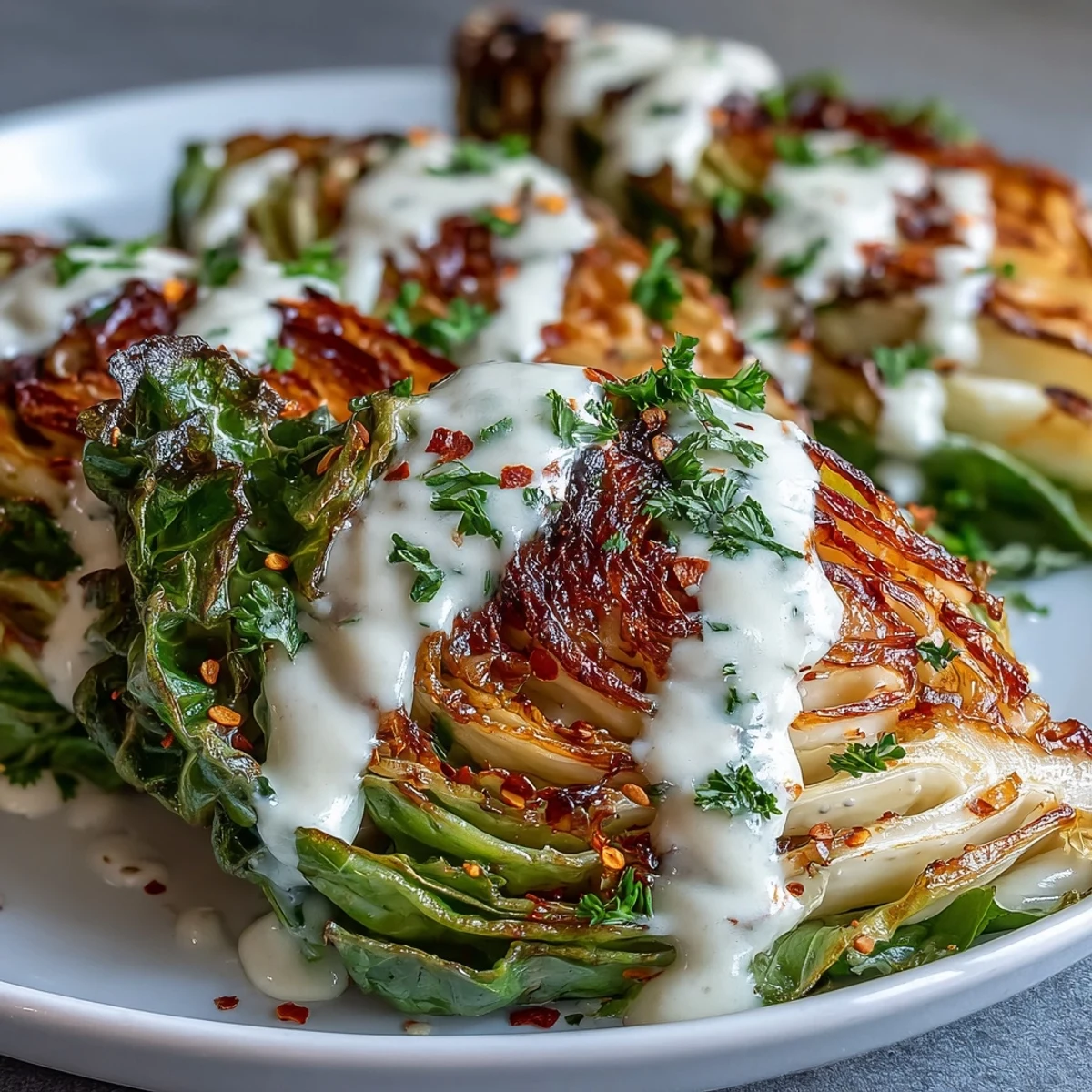 Beautifully browned roasted cabbage wedges with a generous pour of lemon-tahini sauce.