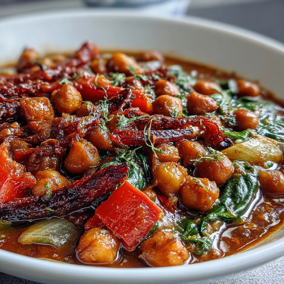 Hearty spicy chickpea stew with vibrant vegetables, ready to serve.