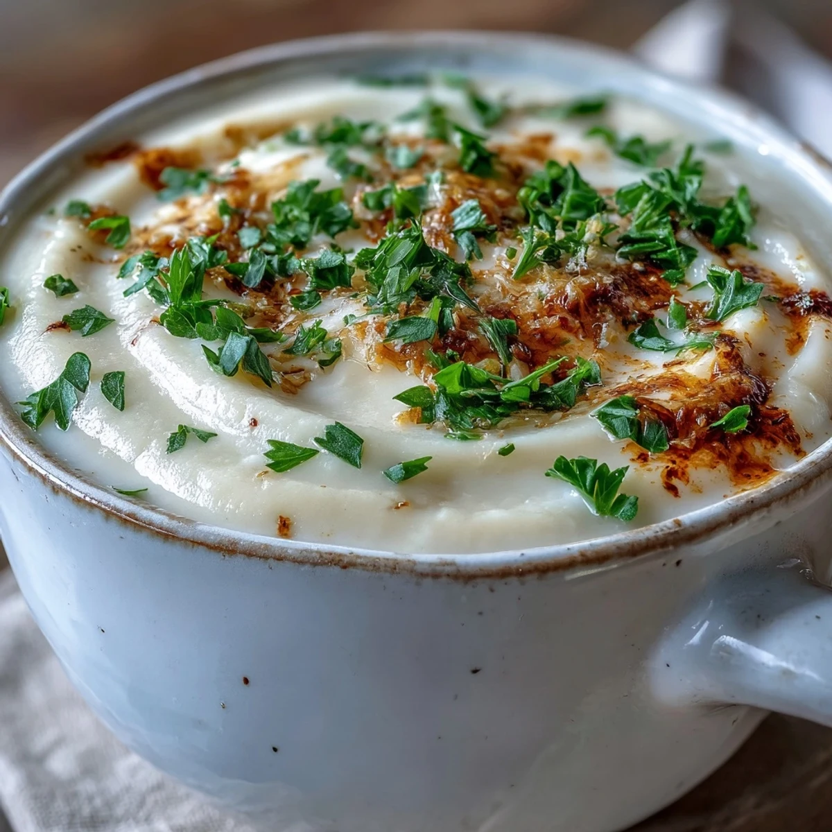 A ladle of smooth White Bean and Parmesan Soup being poured next to toasted bread, showcasing rich texture and steam.