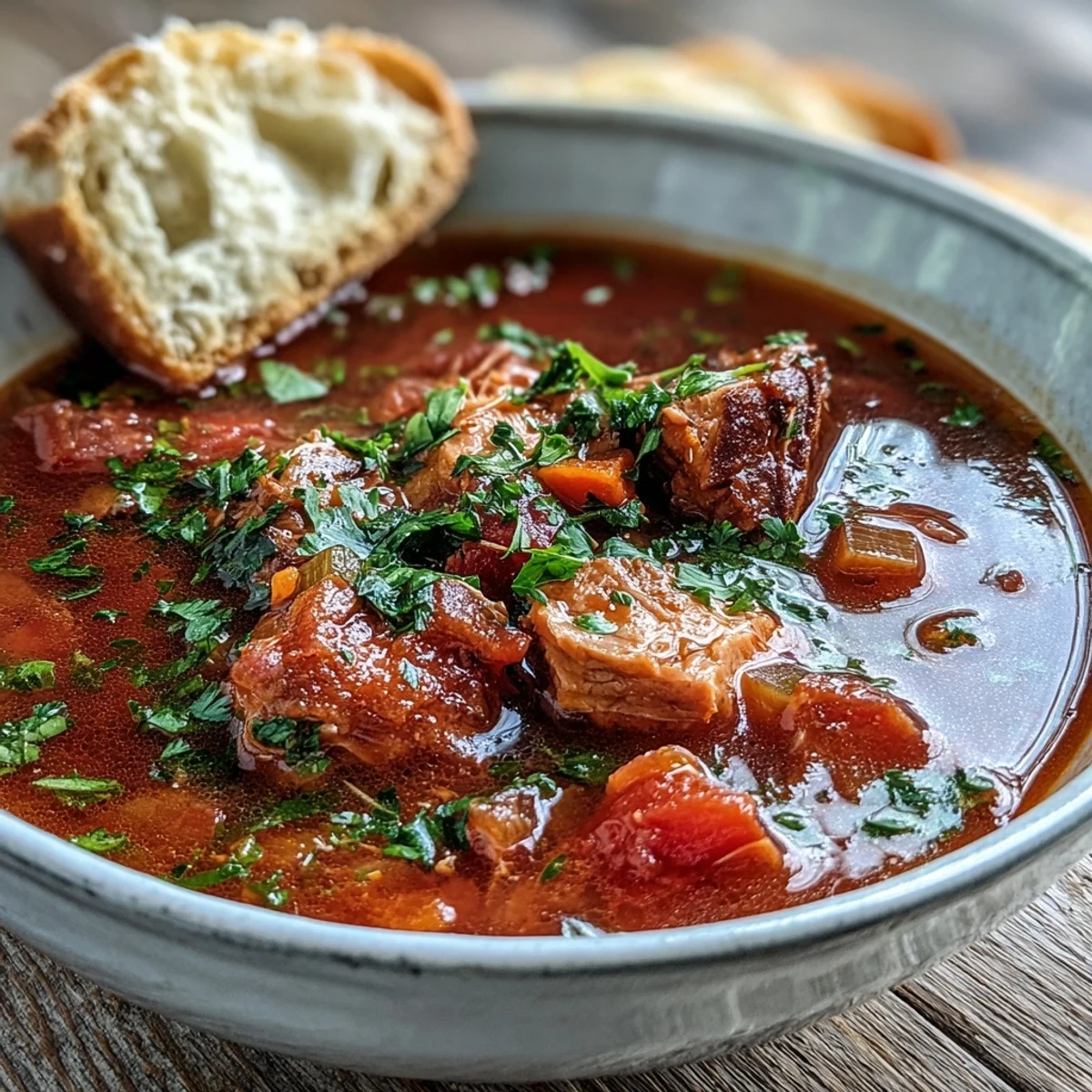 Steaming bowl of Tuna and Tomato Soup garnished with fresh parsley and served with crusty bread.