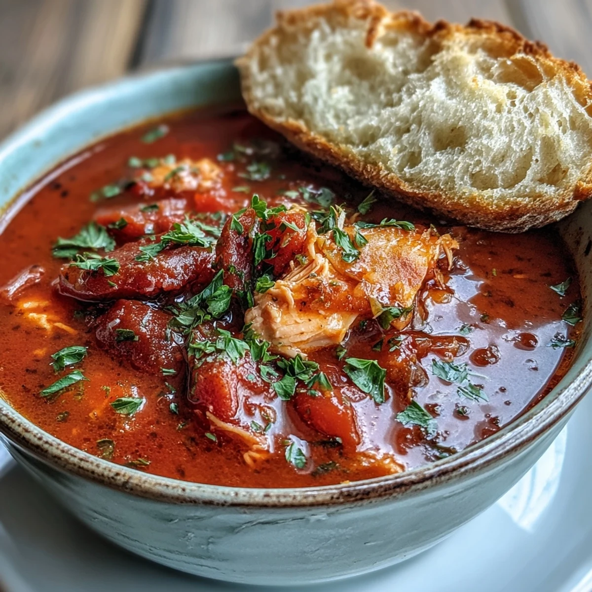Homemade Tuna and Tomato Soup topped with fresh basil, ready to serve for a quick meal.