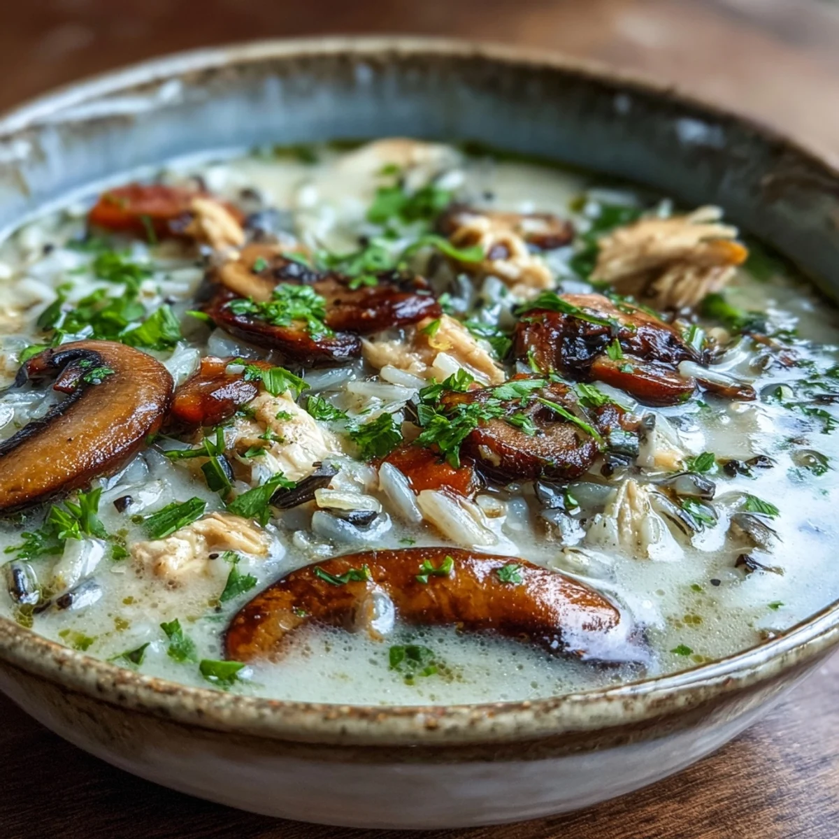 Spooning up Parmesan Mushroom Chicken and Wild Rice Soup, revealing tender chicken, mushrooms, and wild rice.