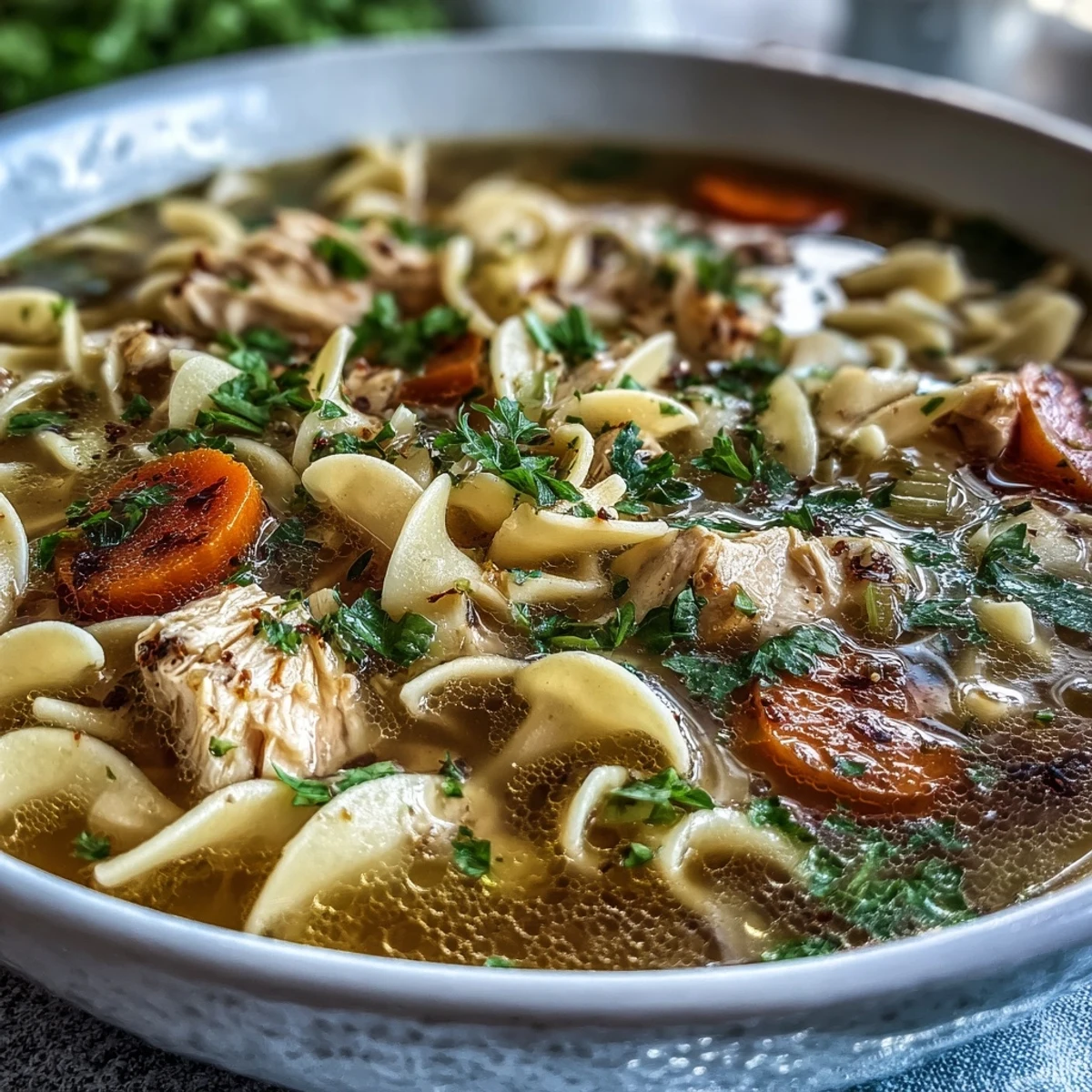 Steaming bowls of homemade Chicken Noodle Soup sit on a rustic wooden table, with a linen napkin and spoon nearby.
