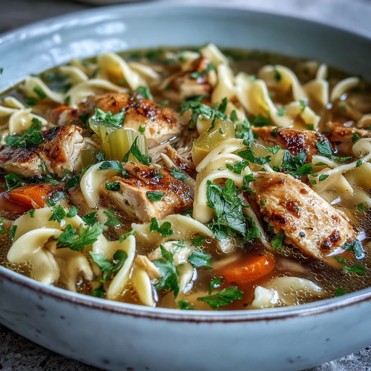 Close-up on a spoonful of Chicken Noodle Soup, revealing tender chicken, carrots, celery, and yellow egg noodles in clear broth.