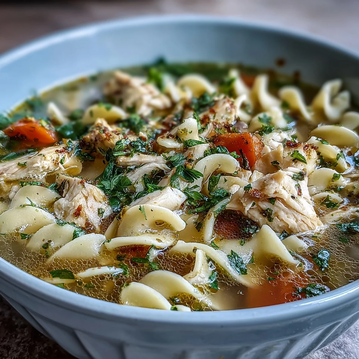 Rustic kitchen counter with a pot of Chicken Noodle Soup, a slice of crusty bread, and fresh parsley garnish.