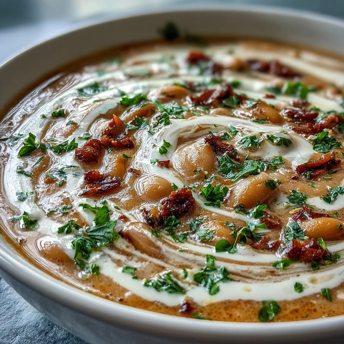A close-up of smooth White Bean Soup with Tomato, highlighting its creamy texture and vibrant red-orange hue.