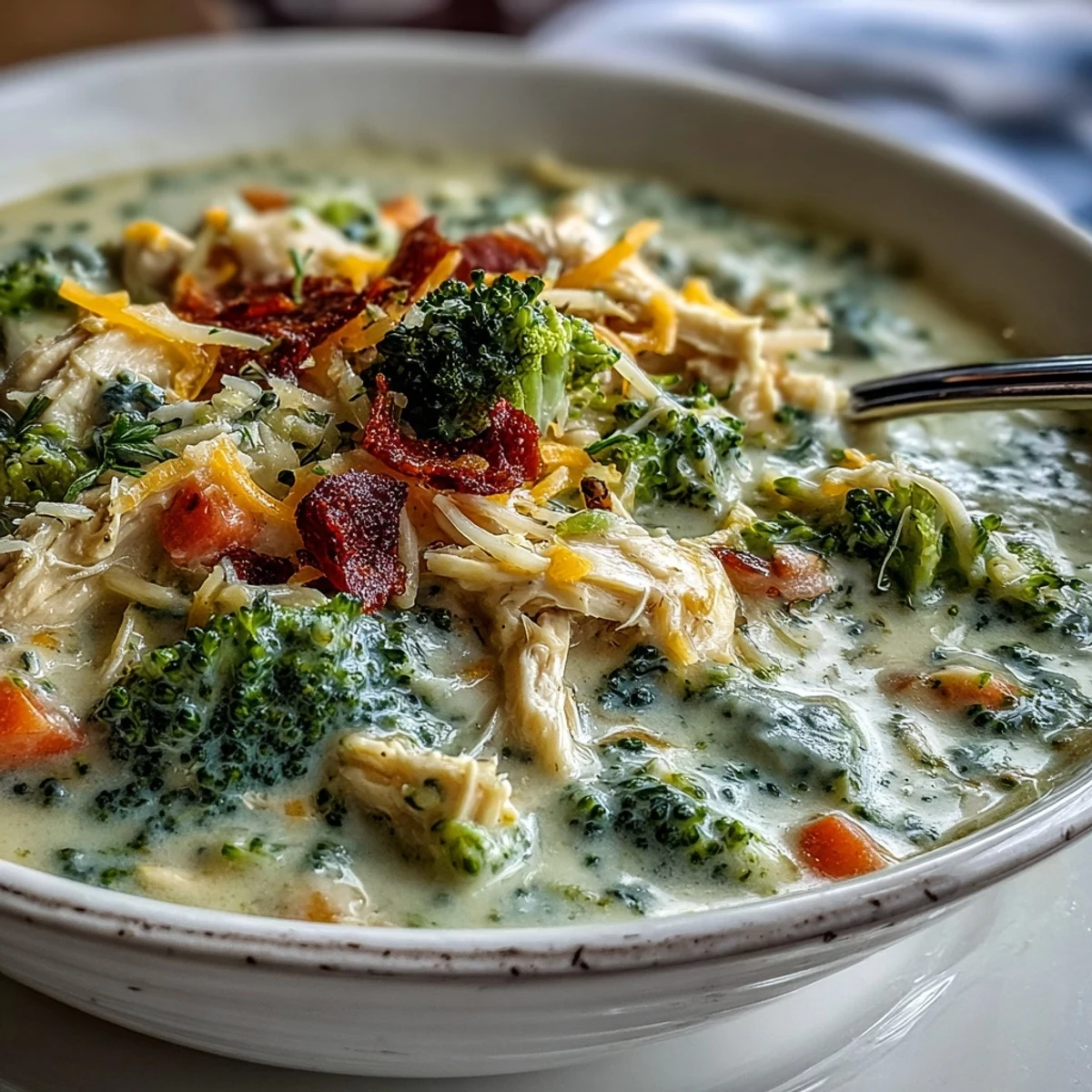 Creamy Best Chicken Broccoli Cheddar Soup steaming in a rustic bowl, served with crusty bread for dipping.