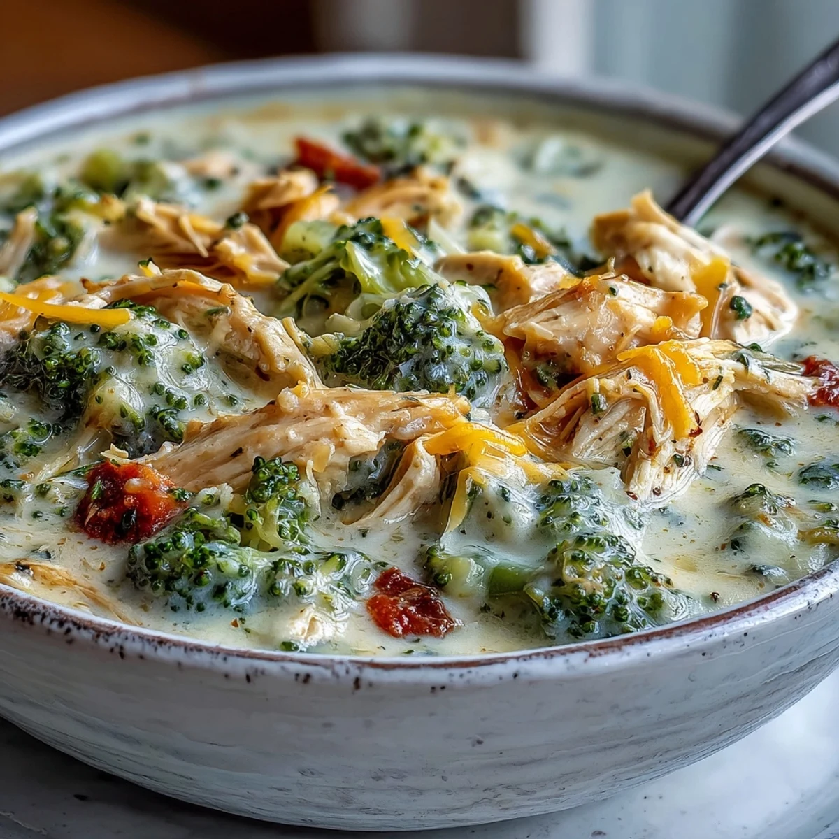 Chopped broccoli and tender chicken simmer in the Best Chicken Broccoli Cheddar Soup, paired with a slice of bread.